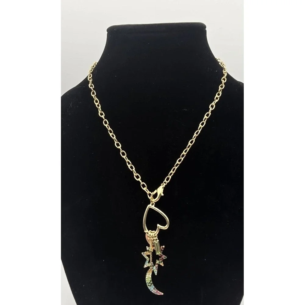 Gold Tone Charm Statement‎ Necklace Rainbow Stones Heart Star Moon Adjustable